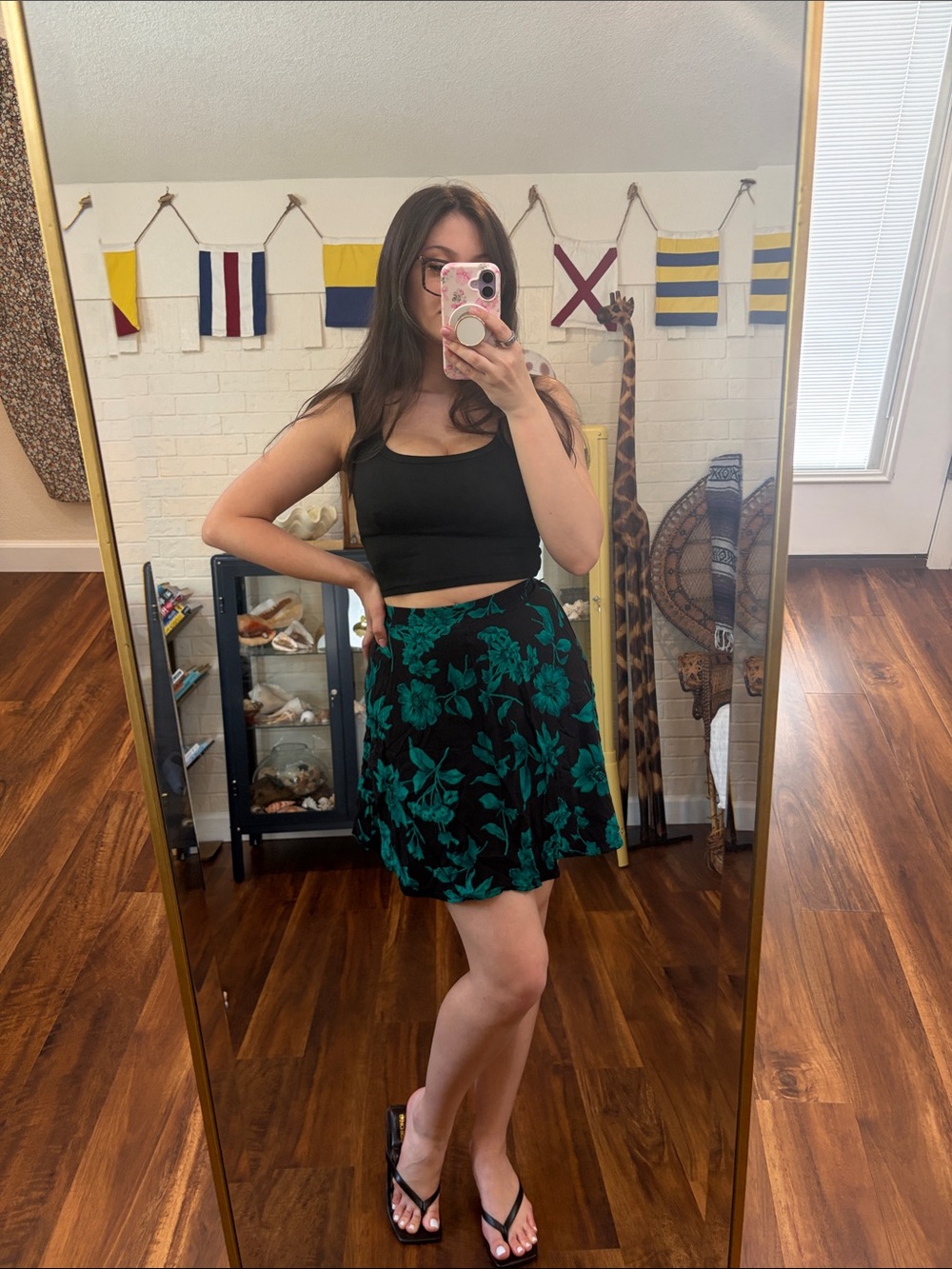Vintage Black & Teal Floral A-Line Mini Skirt